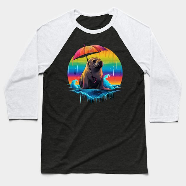 Sea Lion Rainy Day With Umbrella Baseball T-Shirt by JH Mart